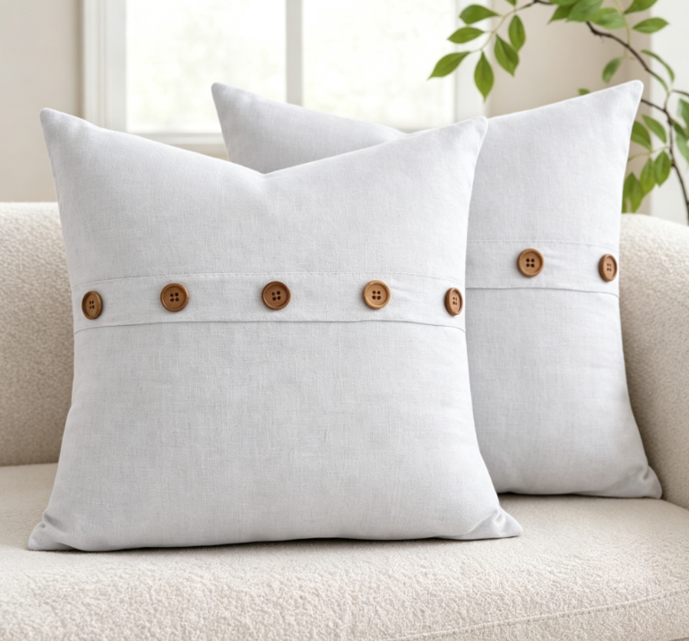 Solid-color cotton-linen cushion with wooden button detail - Image 2